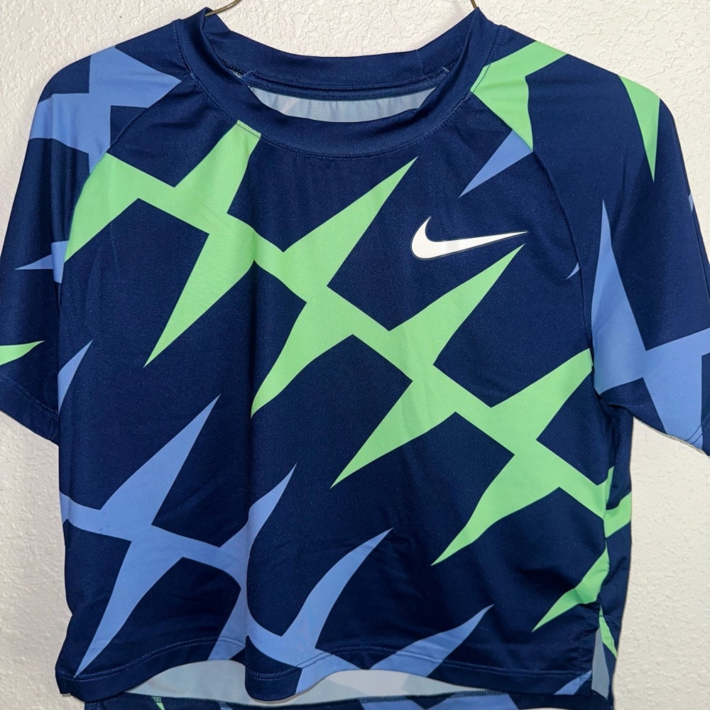 Nike Blue and Green Short Sleeve Tee with Geometric Design